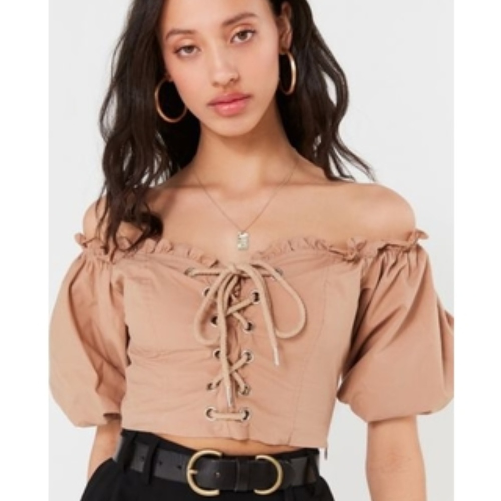 I AM GIA Alya Tan Lace Up Crop Top Size M